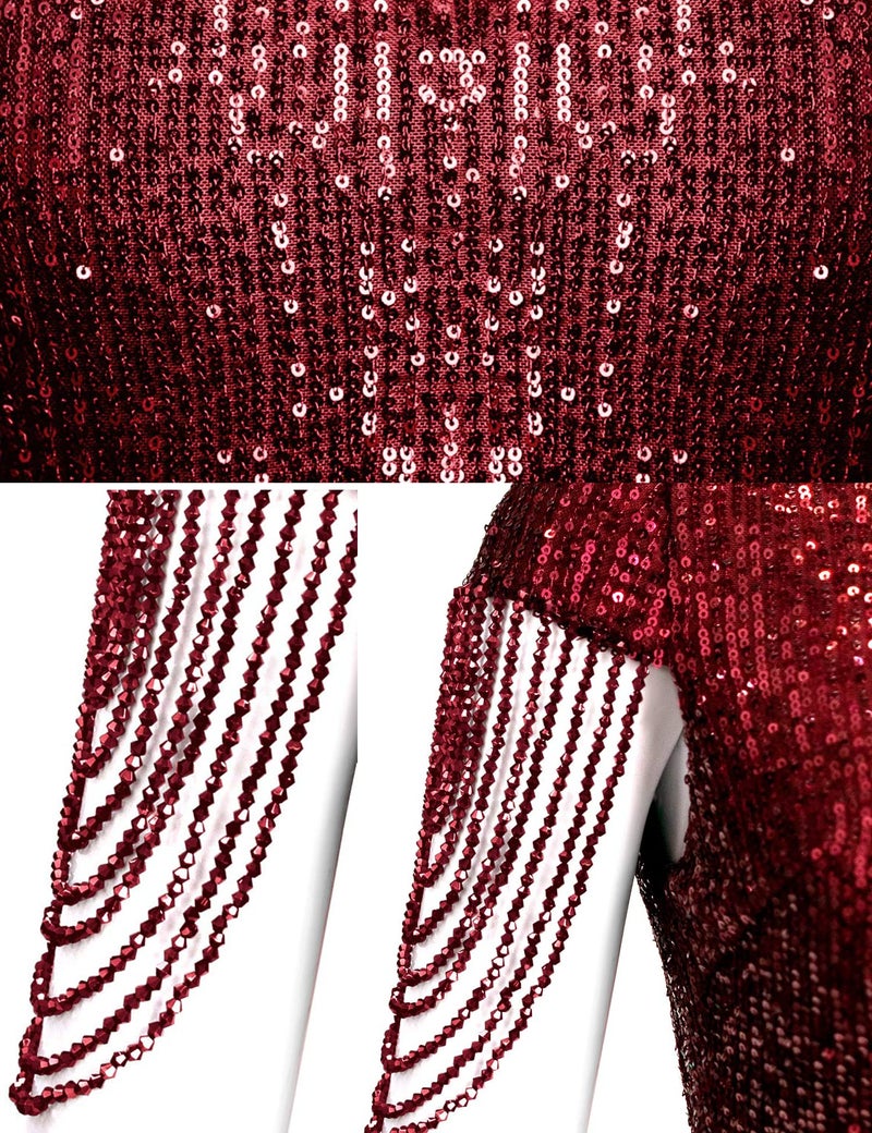 Meilun Women's V Neck Sequin Formal Evening Dress Tassel Bead Sleeve Mermaid Long Gown 1920S Party Maxi Military Dress (Wine, M) - Image 5
